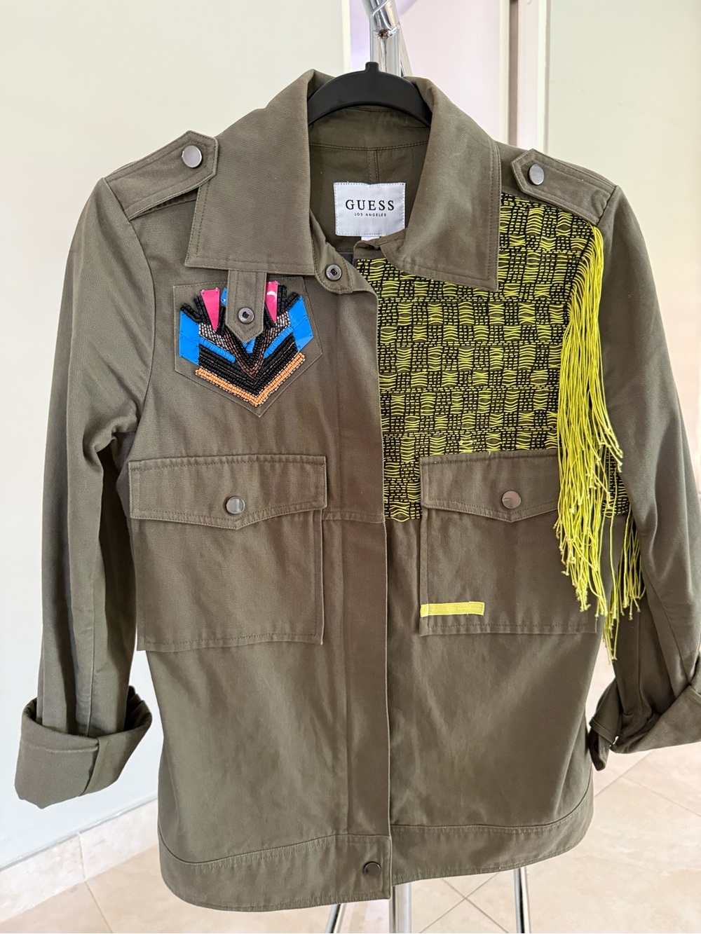 GUESS Olive Green Girls' Embellished Utility Jacket with Neon Yellow Fringe